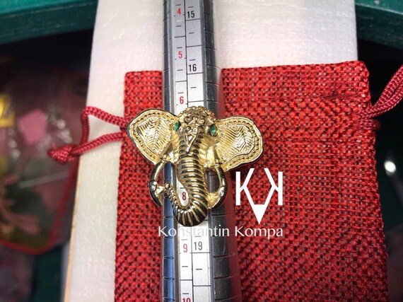 Solid Yellow gold 14k Ethnic RING, Ganesha, with Emerald, Eyes, and Tusks, with diamond
