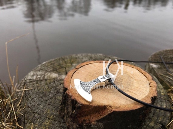 SOLID Sterling Silver, 925, axe, WITH Algiz, Rune, Celtic, Viking Pendant Amulet Ethnic