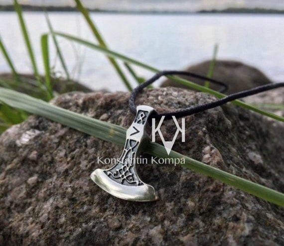 SOLID, Sterling Silver 925, AX, WITH Kaunaz, Fire, rune, Viking, Pendant, Amulet, Ethnic,