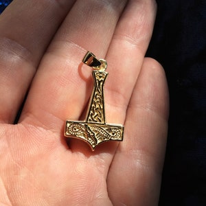 Solid, 14K, Yellow Gold, THOR&#39;S, Hammer, Mjolnir, Viking, ethnic, handmade, Thor, Dragon, double sided