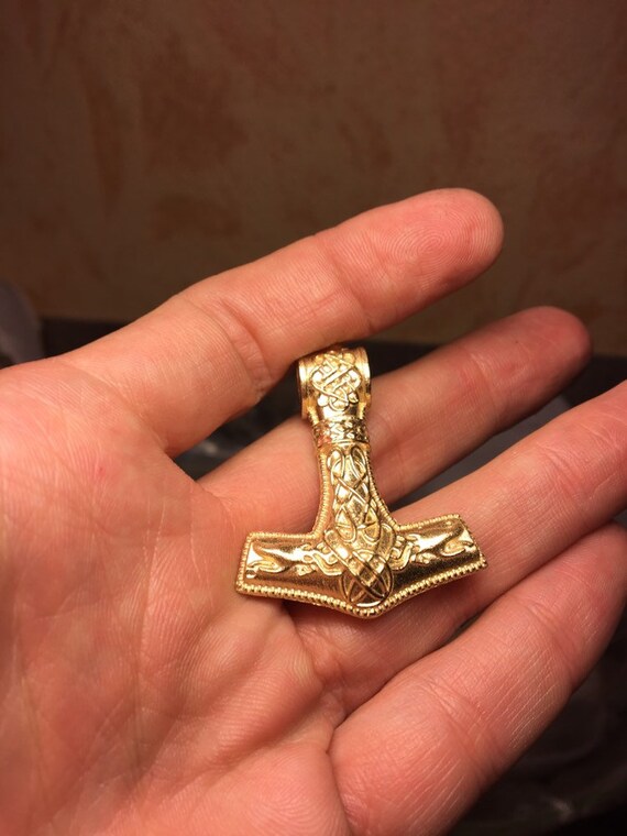 36 grams, Men, Women, Solid, yellow, gold, 14k, Free shipping FedEx, Norse, HAMMER, MJÖLNIR, Wolf, Dragon, Double Sided, Ethnic,