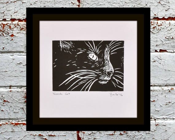 Chat Noir Et Blanc Par Veronica Lamb Art De Chat Imprimer Impression De Lino Noir Et Blanche Fait à La Main Des Mères Cadeau Damant De Chat