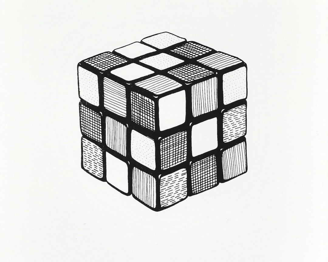 Rubiks Cube Screen Print. Black and White Art. Etsy
