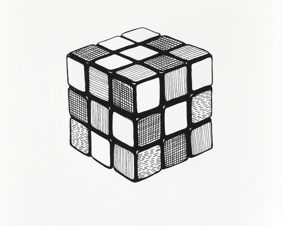 Sérigraphie Rubiks Cube. Art noir et blanc. Cubisme, œuvre dart encadrée  originale en édition limitée signée, dessin à la plume et à lencre, art  nerd des années 80 -  France