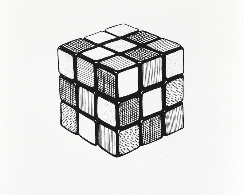 Rubiks Cube screen print. Black and white art. image 1