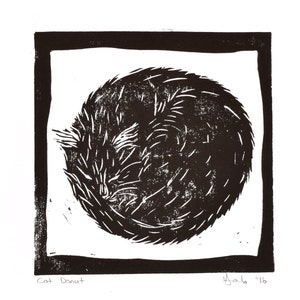 Cat Donut by Veronica Lamb, Hand made Cat Art Print, linocut print, black and white square print, sleeping black cat, mothers day animal art