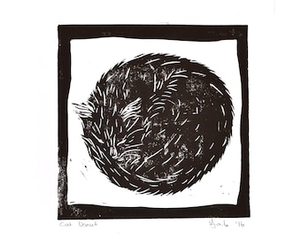 Handmade Linocut Cat Art Print, Sleeping Black Cat Donut