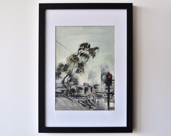 City Fog Ink Drawing, Melbourne Cityscape Artwork, Australian Artist, handmade artwork on paper