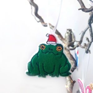 Christmas Toad tree decoration - Handmade, embroidered applique toad backed onto felt with white ribbon for hanging.
