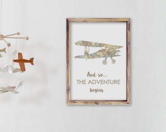 Travel nursery decor. Vintage airplane wall decor. Vintage maps wall decor. Travel wall art