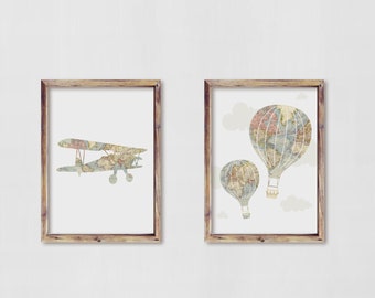 DESCARGA DIGITAL SET 2 avión y globo de mapas vintage. Decoración pared tema viajes. Arte de pared para decoración infantil de viajes