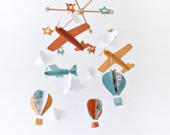 Airplane baby mobile. Hot air ballon mobile for travel nursery decor. Handmade baby shower gift