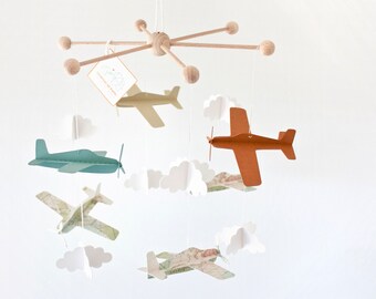 Vintage airplane mobile. Plane baby mobile for Baby shower gift. Travel nursery mobile for newborn