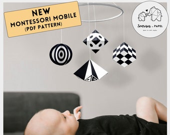 DIY montessori mobile. DIGITAL PDF Template of hanging mobile for newborn baby. Black and white baby mobile