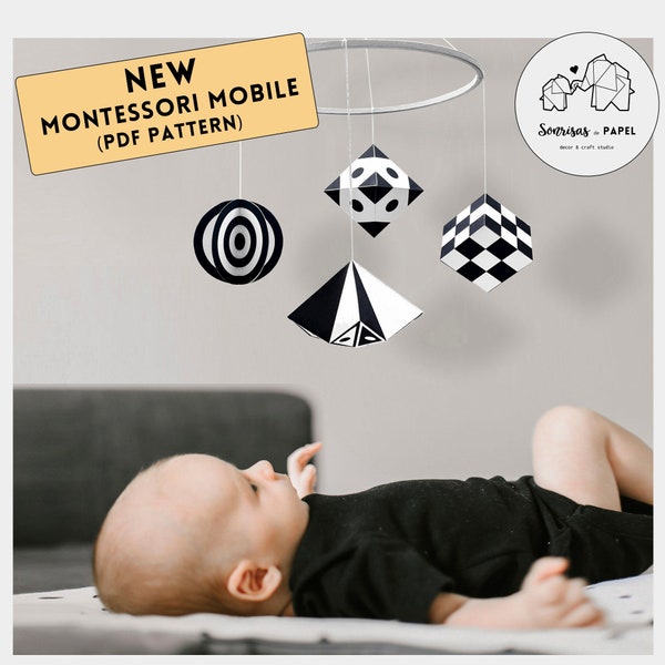 DIY-Montessori-Mobile. DIGITALE PDF-Vorlage eines hängenden Mobiles für Neugeborene. Schwarz-weißes Babymobile