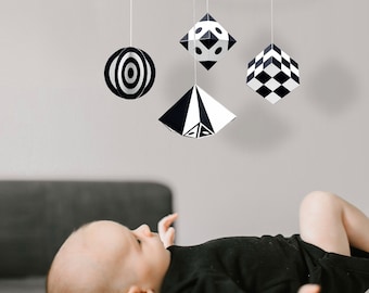 High contrast mobile montessori. Sensory toy for babies. Newborn monochrome mobile. Black and white developmental toy.