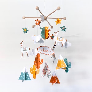 Llama baby mobile for newborn gift. Boho Nursery decor. Cactus baby crib mobile