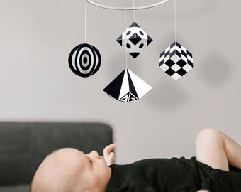 Black and white mobile for baby gift. Geometric crib mobile. High contrast Montessori toy for hanging over the crib