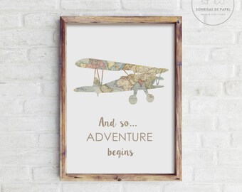DIGITAL DOWNLOAD Adventure Map decor. Vintage Airplane Map Print. Airplane Wall Art  for travel nursery decor. Travel themed wall decor