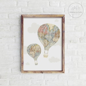 Vintage hot air balloon wall art. Travel nursery decor. Adventure wall decor. Vintage maps wall decor