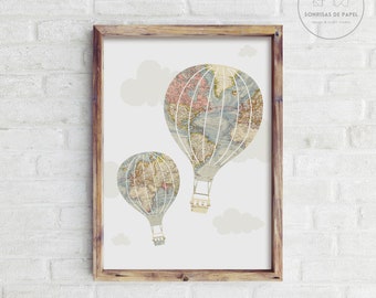 Vintage hot air balloon wall art. Travel nursery decor. Adventure wall decor. Vintage maps wall decor