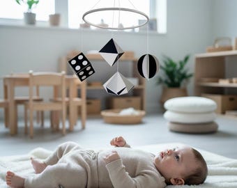 Black and white baby mobile. Montessori mobile Munari. Contrast mobile for newborn stimulation. Monochrome mobile for visual development