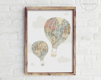 Globo aerostático vintage. Decoración pared temática aventuras. DESCARGA DIGITAL. Arte de pared para decoración infantil de viajes