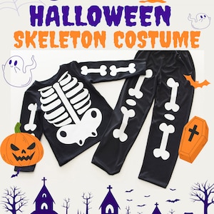 May include: A black long-sleeve shirt and matching pants featuring a white printed skeleton bone design on the front. The text HALLOWEEN SKELETON COSTUME is displayed above the clothing, surrounded by illustrations of ghosts, a pumpkin, and a coffin.