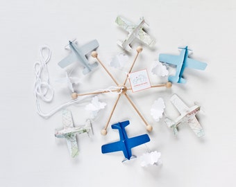 Baby boy crib mobile: blue airplanes and clouds. Travel nursery decor. Newborn gift