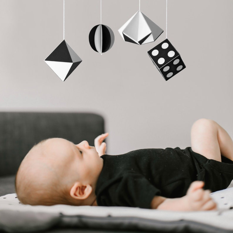 High contrast mobile for baby stimulation. Black and white Toy for newborn gift. Crib mobile montessori