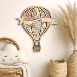 Insegna personalizzata con mongolfiera. Decorazione murale vintage con mongolfiera. Insegna personalizzata con nome per la cameretta dei bambini. Cameretta boho. Regalo da viaggio per baby shower.