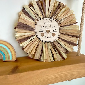 Raffia lion head. Embroidered lion for wall decoration. Lion face for jungle safari themed nursery