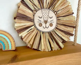 Raffia lion head for wall decoration. Lion face for jungle safari themed nursery