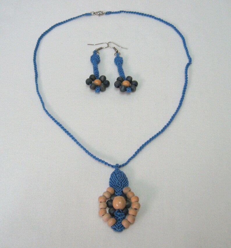 Makramee Jewelry set Blue set macrame wooden elements Macrame jewelry set Macrame earrings Macrame necklace Handmade set for women