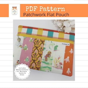 May include: A PDF pattern for a patchwork flat pouch with a colorful design featuring a checkered pattern, floral motifs, and a mermaid illustration. The pattern includes measurements for multiple styles and sizes. The text "The Bobbin Jar" appears on the pouch.