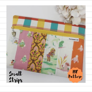 May include: A colorful zippered pouch with a patchwork design featuring a variety of fabrics with floral and nautical themes. The pouch has a yellow zipper and a yellow and white gingham fabric lining. The pouch is labeled "The Bobbin Jar" and "PDF Pattern" in the bottom right corner. The pouch is labeled "Small Strips" in the bottom left corner.