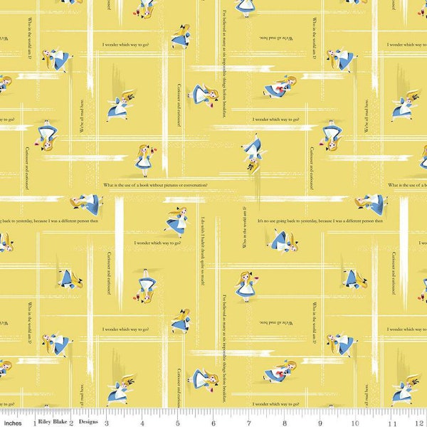 SOLD BY 1/2 YARD-Down the Rabbit Hole Alice Toss Yellow-100% cotton fabric