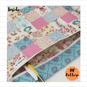 May include: A patchwork fabric pouch with a zipper closure. The fabric features a variety of floral and whimsical patterns, including Alice in Wonderland characters. The pouch is lined with a blue floral fabric. The text "The Bobbin Jar" is visible on the pouch. The image includes the text "PDF Pattern".