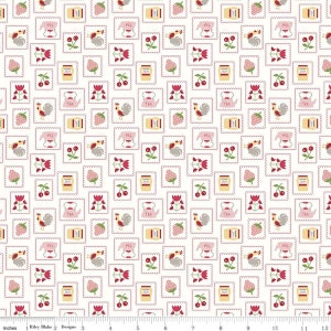 May include: White fabric with a repeating pattern of pink squares with a rooster, teapot, strawberry, and jar of jam. The squares are outlined in gray and pink. The background is white.