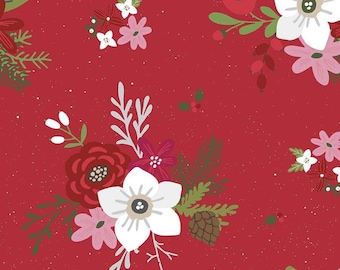 VERKOCHT DOOR 1/2 YARD-Holly Holiday Main Red-100% katoenen stof