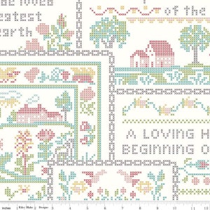 May include: A cross-stitch pattern fabric featuring a repeating design of houses, trees, and floral elements in shades of red, green, yellow, and blue on a cream background. The text "A Loving Home Beginning" is visible.