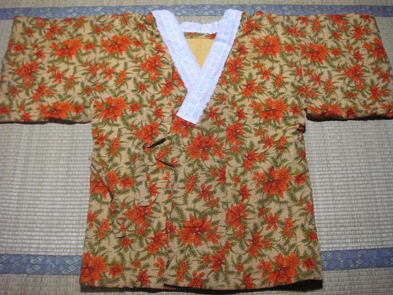 270 vintage japanese kimono wool haori short coat orange yellow green flower orchid