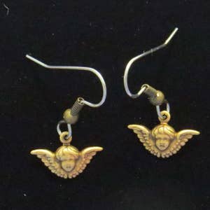 Angel Head with Wings Earrings Tiny Antiqued Brass Vintage Inspired Cherub Cupid EG565B