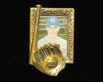 Baseball Softball Playball Sport Photo Pin Brooch 24 Karat Gold Plate or Silver Plate and Oxidized Matte Silver PG118/PS064