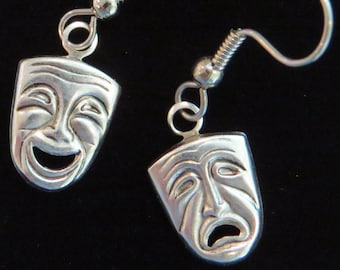 Pendientes de máscaras de teatro "Una comedia y una tragedia" para actor, plata mate oxidada, actuación, drama teatral, máscara de actriz ES137