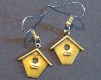Birdhouse Earrings Antiqued Brass or Oxidized Matte Silver Small Bird House EG442 / ES273