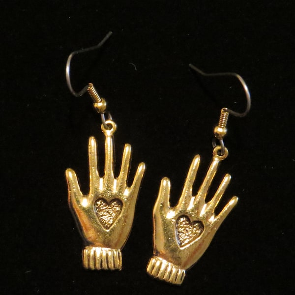 Heart in Hand Earrings 24 karat Gold Plate Hearts Hands Volunteer Helper Masseuse Massage Care Giver Loving Gift EG327