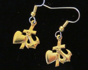 Faith Hope Love Earrings 24 Karat Gold Plate Heart Cross Anchor Christian Easter EG543