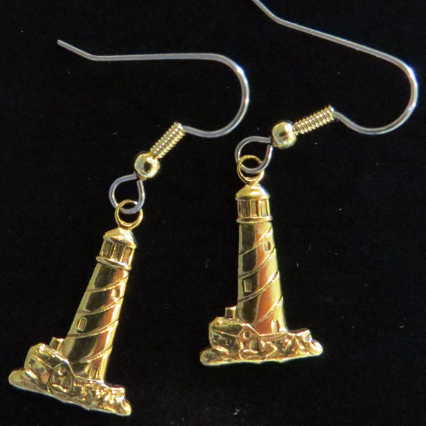 Lighthouse Earrings Light House Striped 24 Karat Gold Plate or Oxidized Matte Silver Lighthouses Coastal EG143S / ES084S