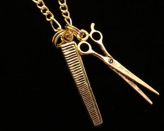 Hair Stylist Cosmetologist Necklace 24 Karat Gold Plate or Matte Silver Ox Charms on Silver Plate Chain 18 inch Figaro Chain NG022 / NS022
